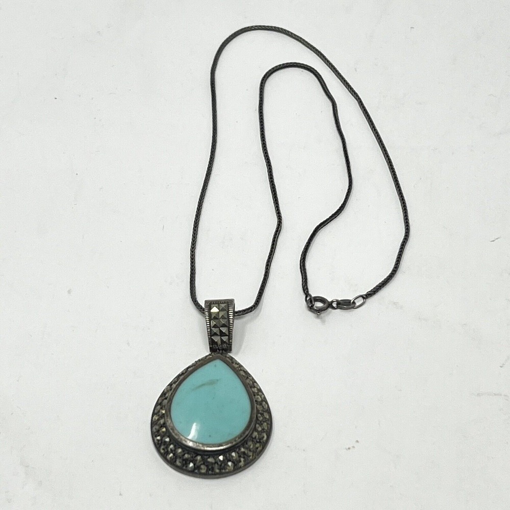 Vintage Sterling Silver‎ Turquoise Marcasite Pendant Victorian Style Necklace
